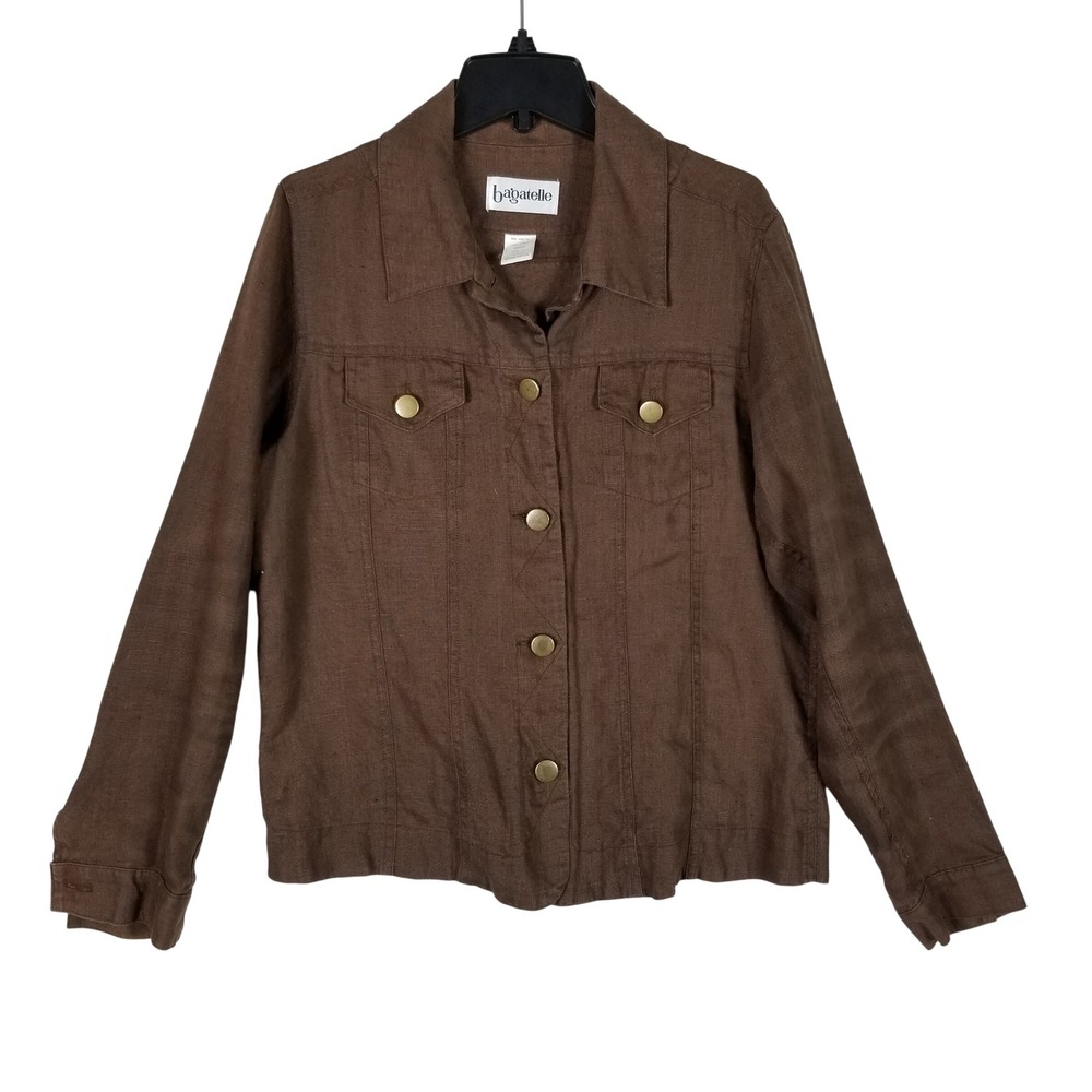 Bagatelle Linen Jacket Women 12 Chocolate Brown Button Front Utility Trucker